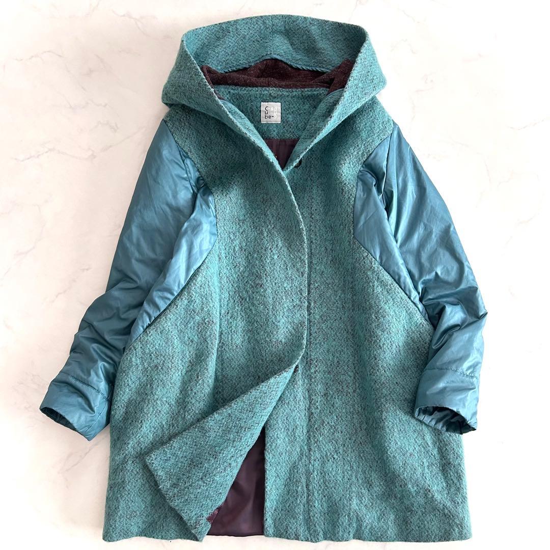 cubecube センソユニコ モヘヤMIX切替フーデットコート ブルーグリーン