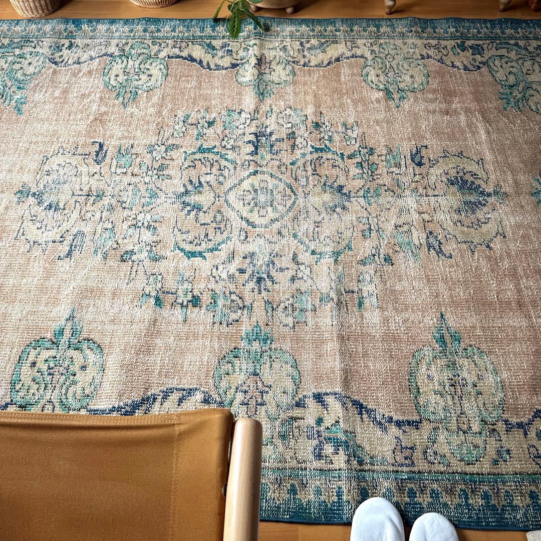 大判172×235淡いブラウンベージュ×ブルー　擦れトルコヴィンテージラグ