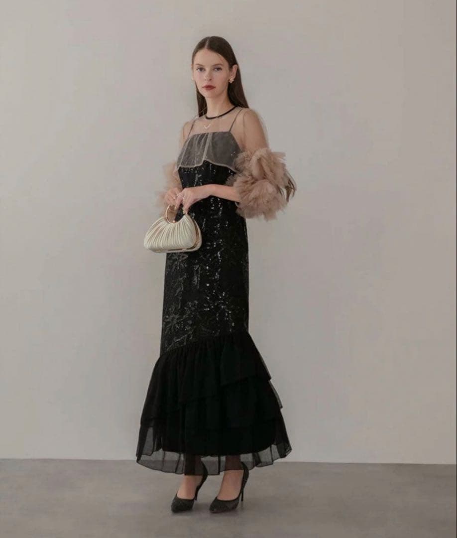 フラワースパンコールチュールフリルスリーブIラインワンピース