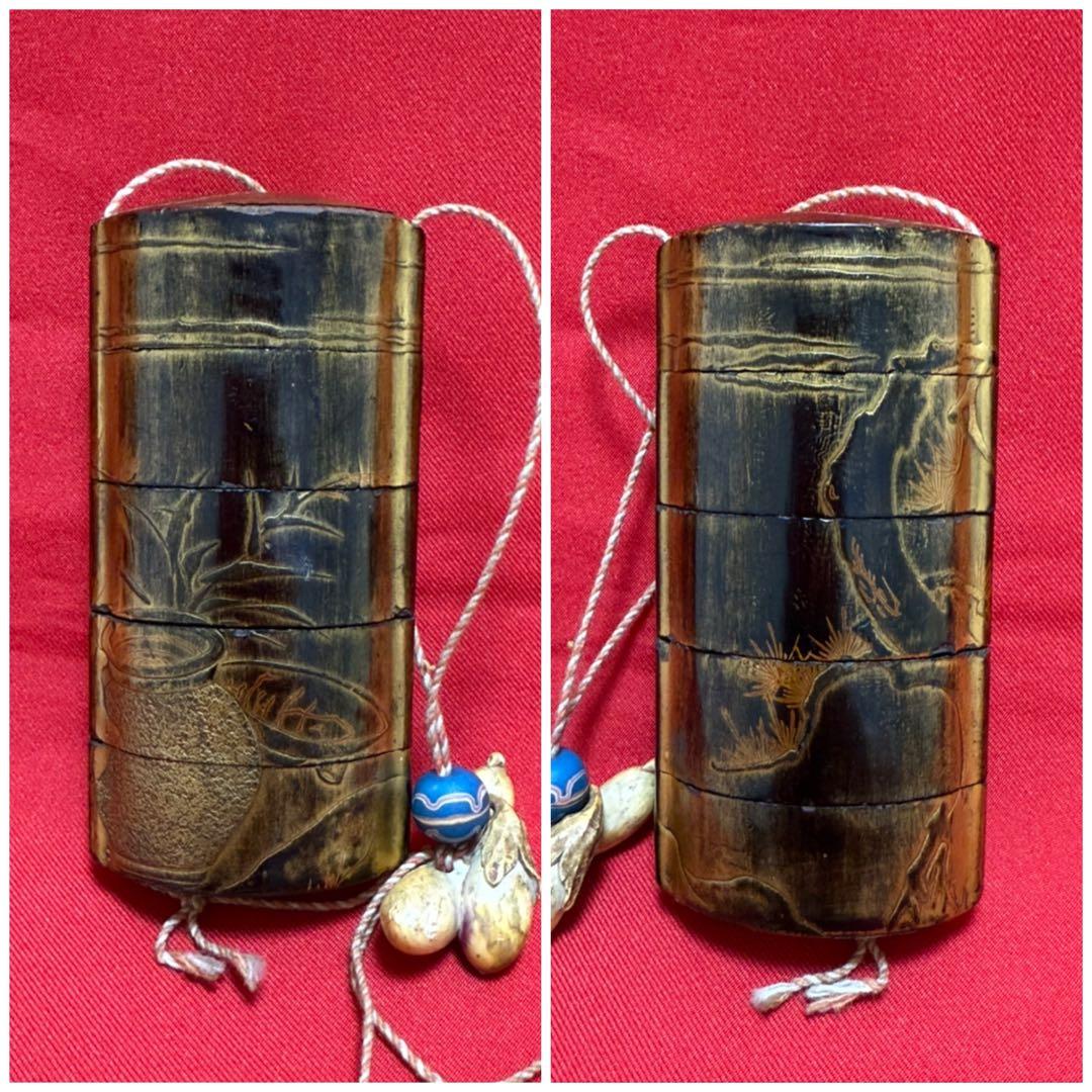 印籠 ★☆ 根付 緒締 堤物 提げ物 骨董 古美術 時代 老松図 金蒔絵