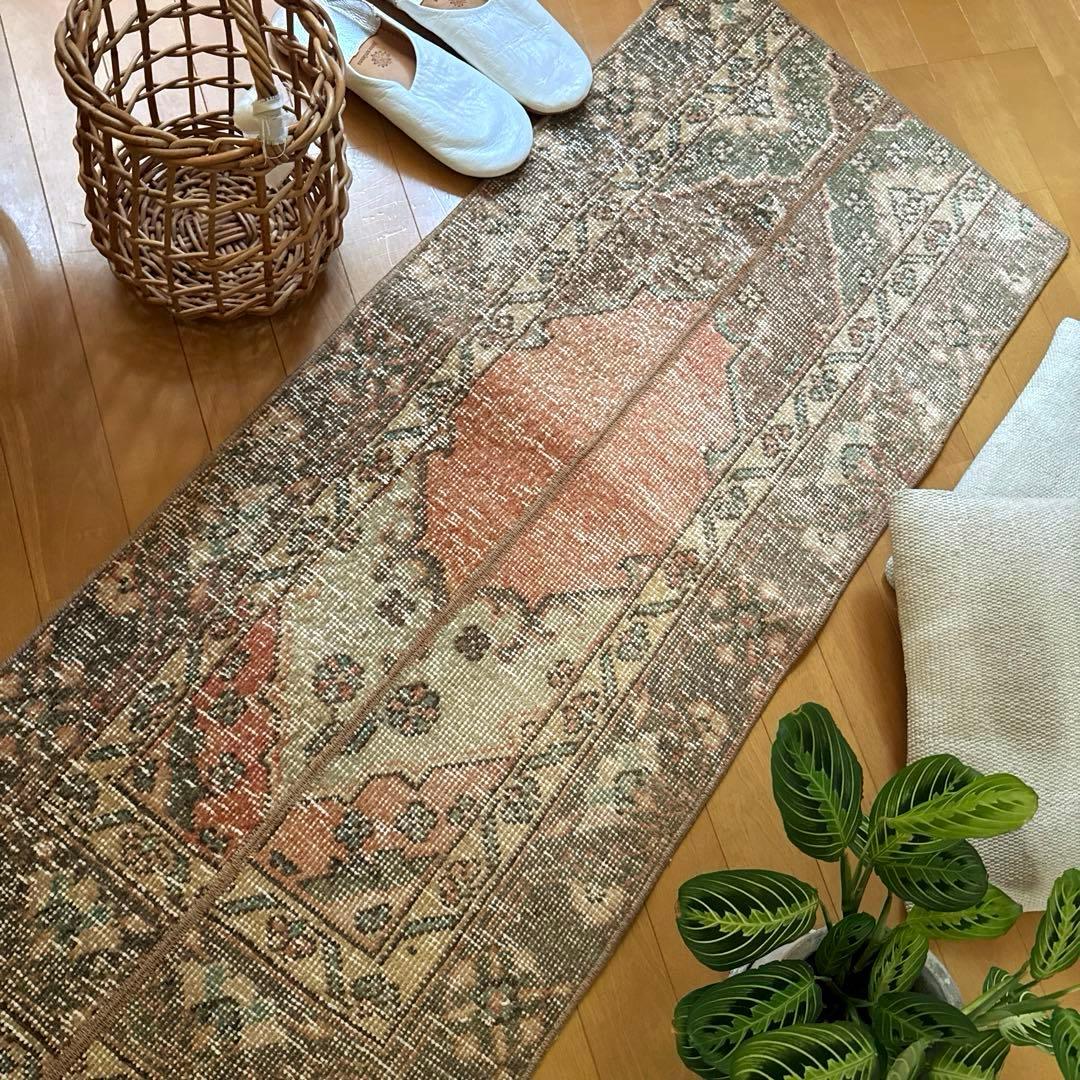 50×119パッチワーク　淡いサーモン×グレージュ　トルコヴィンテージラグ