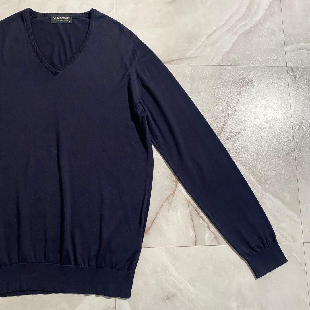 A18665 美品 ジョンスメドレー 海島綿 Vネックニット 英国製 紺M