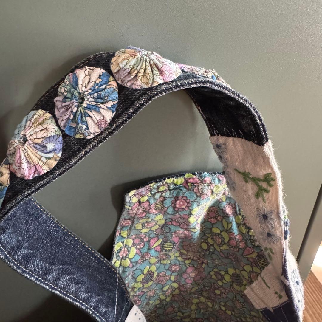 ハンドメイド デニムリメイク バッグ レトロアニマル ヨーヨーキルト 楕円 19