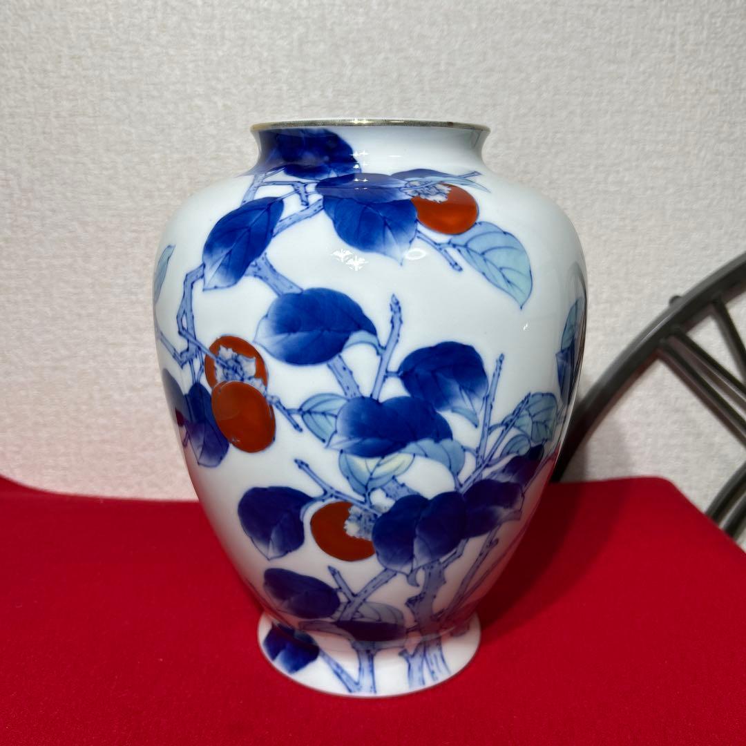 深川製磁　オールド深川　染付色絵柿図 花瓶　花入　宮内庁御用達