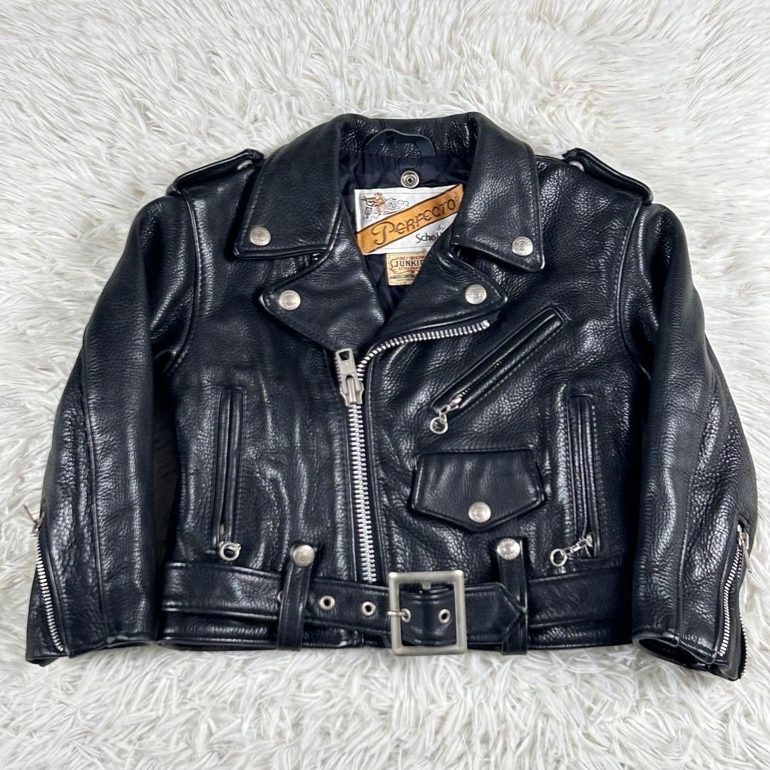 美品 ショット レザーダブルライダースジャケット 黒 牛革 キッズM アメリカ製