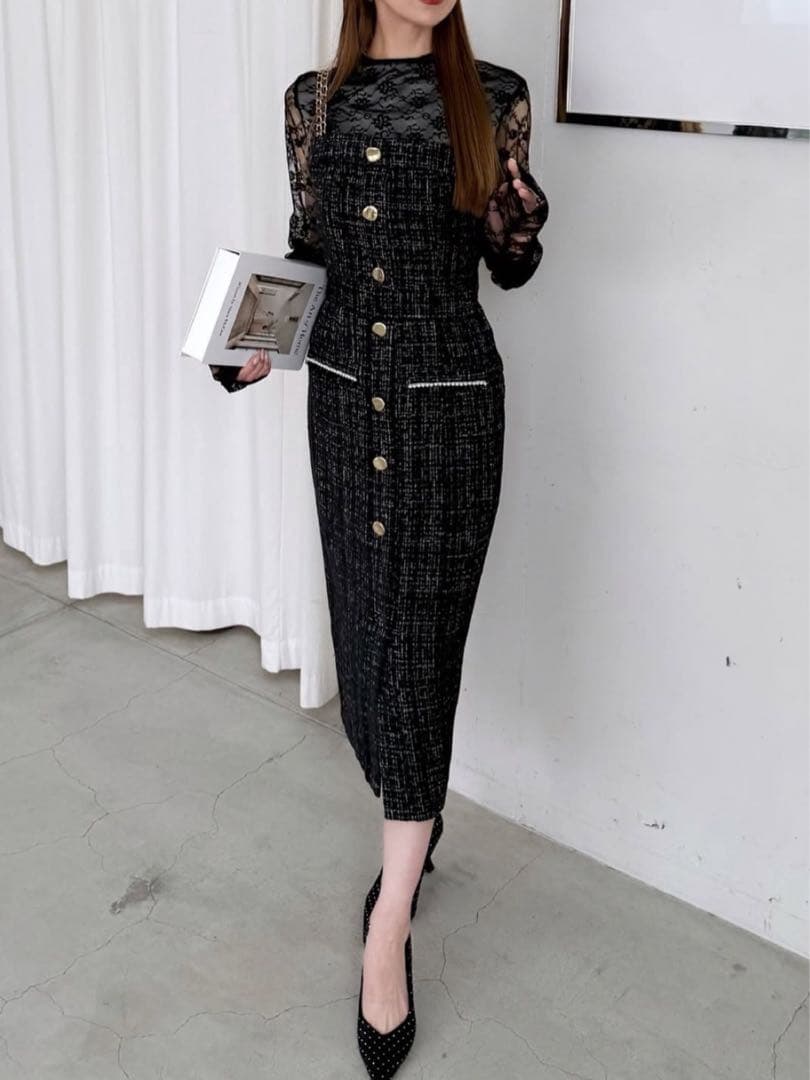 ダブルチェーンストラップツイードワンピース