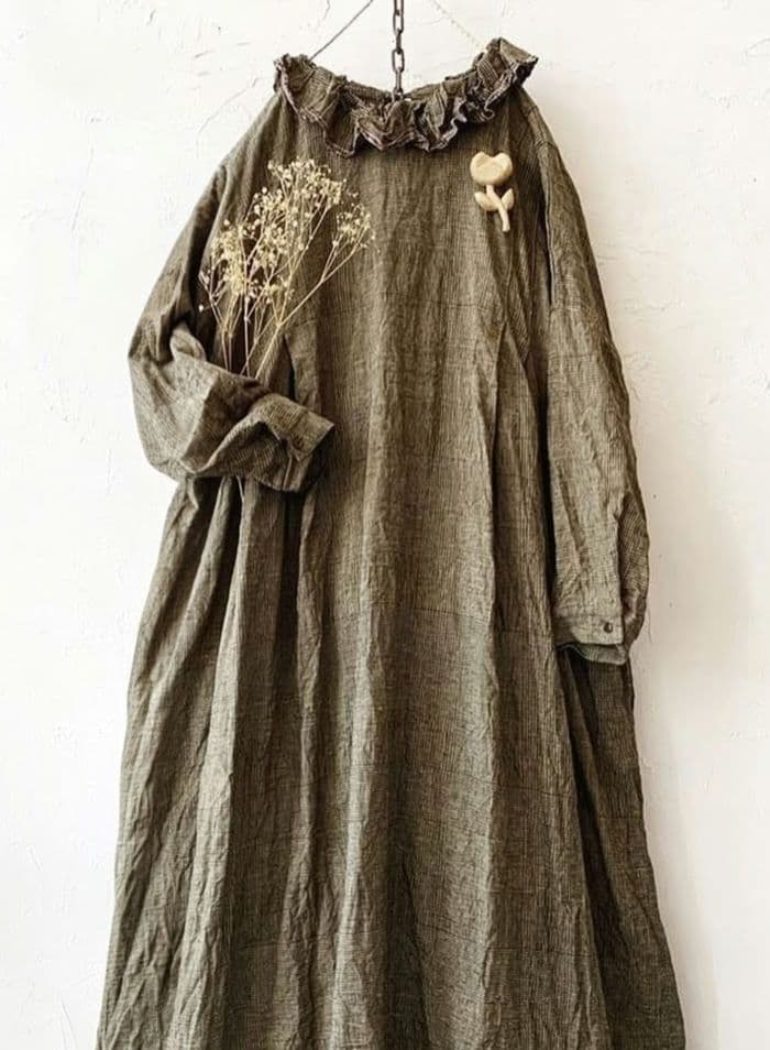 MARCHE' DE SOEUR グレンチェックリネンラッフル襟ワンピース