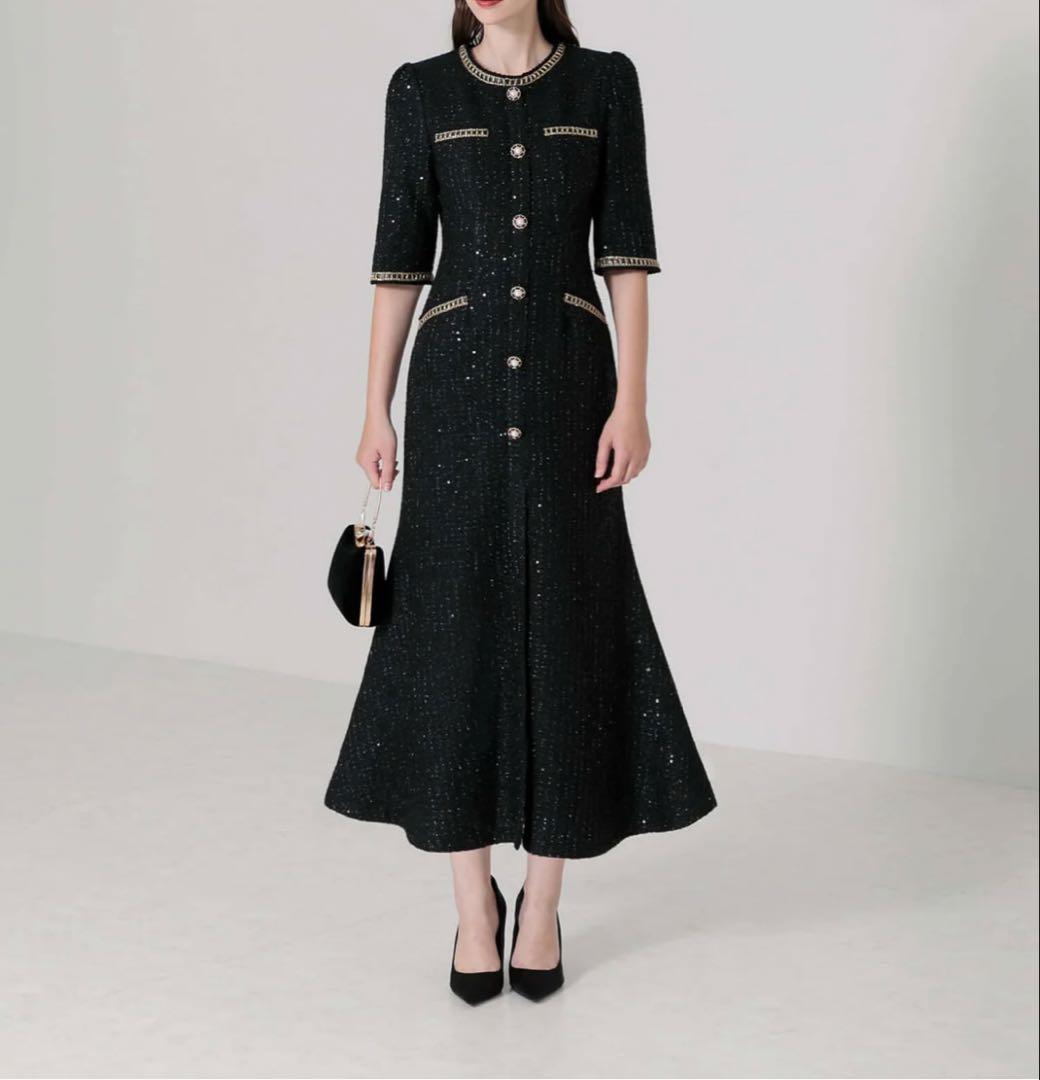 leja ラメツイードレザーパイピングパールマーメイドワンピースドレス