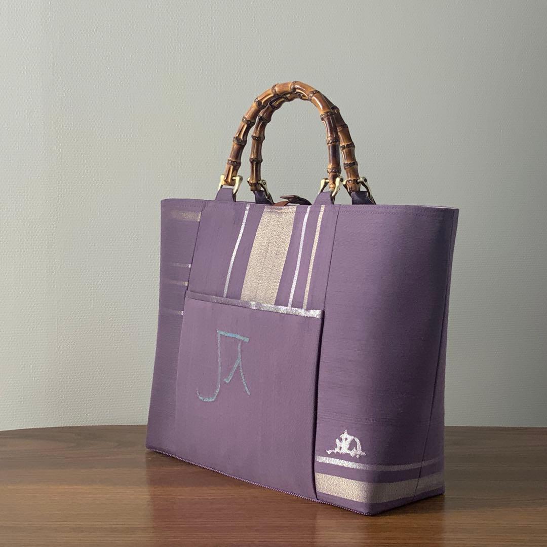 A4サイズ対応　紬帯　銀の香炉と金の枝花　リメイク　バンブーハンドルバッグ