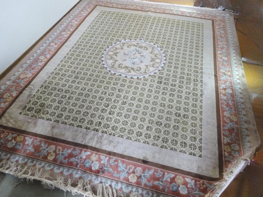 オリーブ　中国段通　シルク　120段　大判　306×246　高級絨毯　ラグ