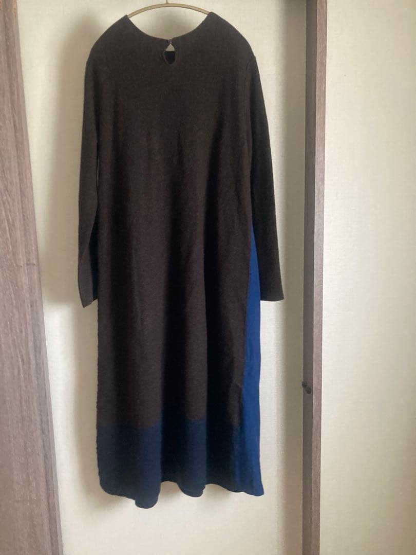 45R ロング丈ワンピース　ブラウン　ブルー　カラーブロック　圧縮ウール