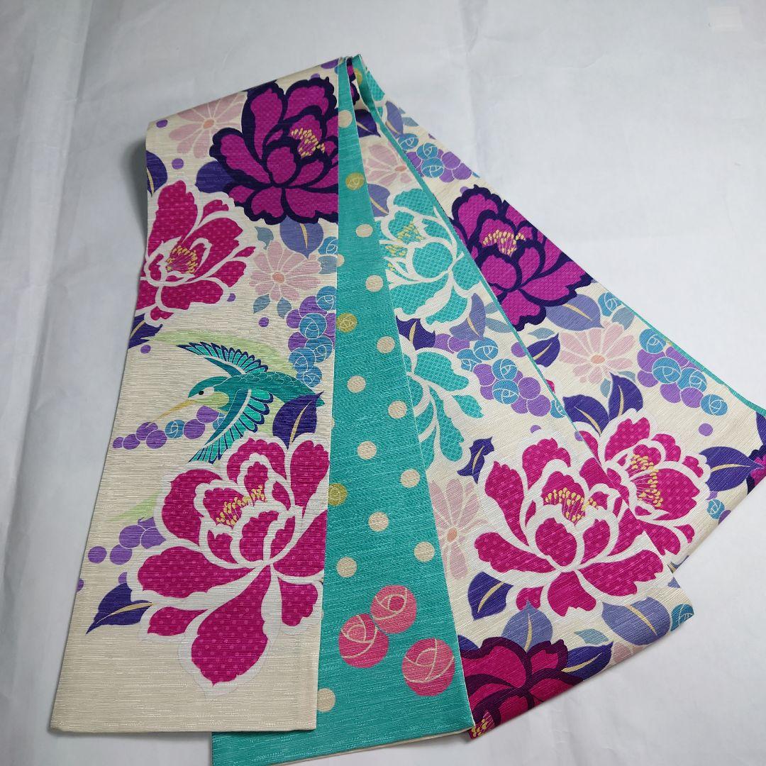 正絹 半幅帯 wakka ワッカ ハチドリ 大花 図案 訳あり