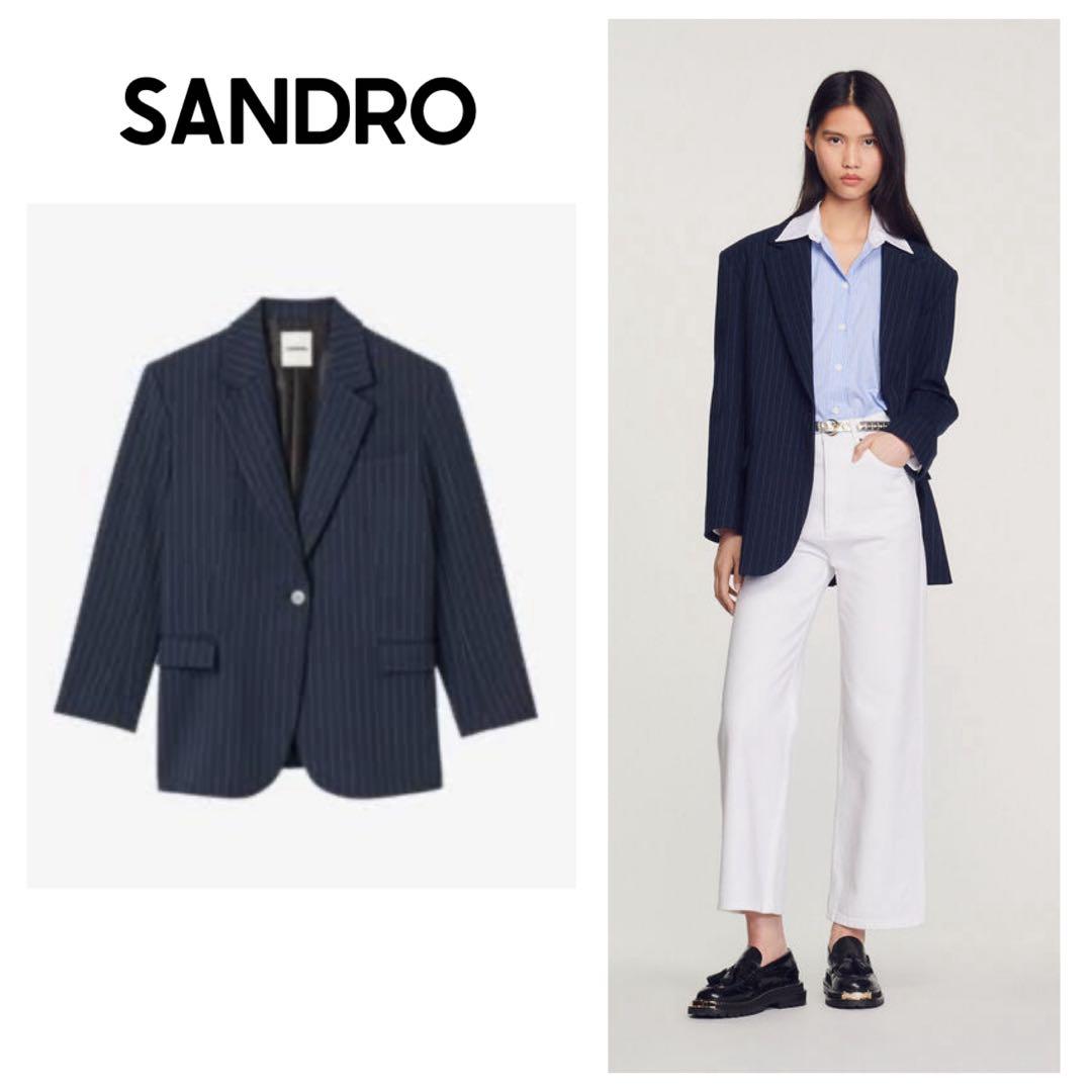 SANDRO サンドロ ネイビー ジャケット 36 紺 ピンストライプ