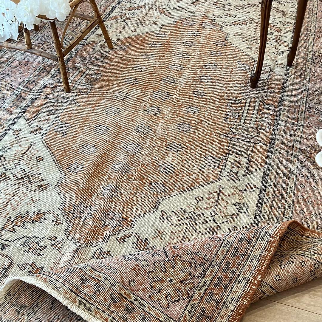 超大判157×269品メダリオン　コーラルピンク　ミルク　トルコヴィンテージラグ