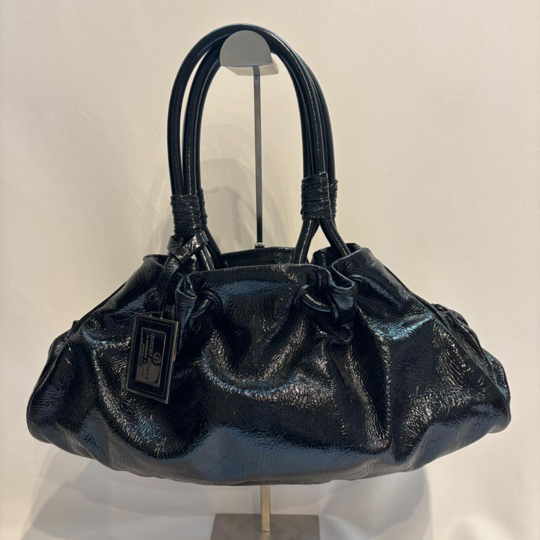 【希少】ジョルジオ アルマーニ　パテントレザー　ハンドバッグ　ロゴプレート