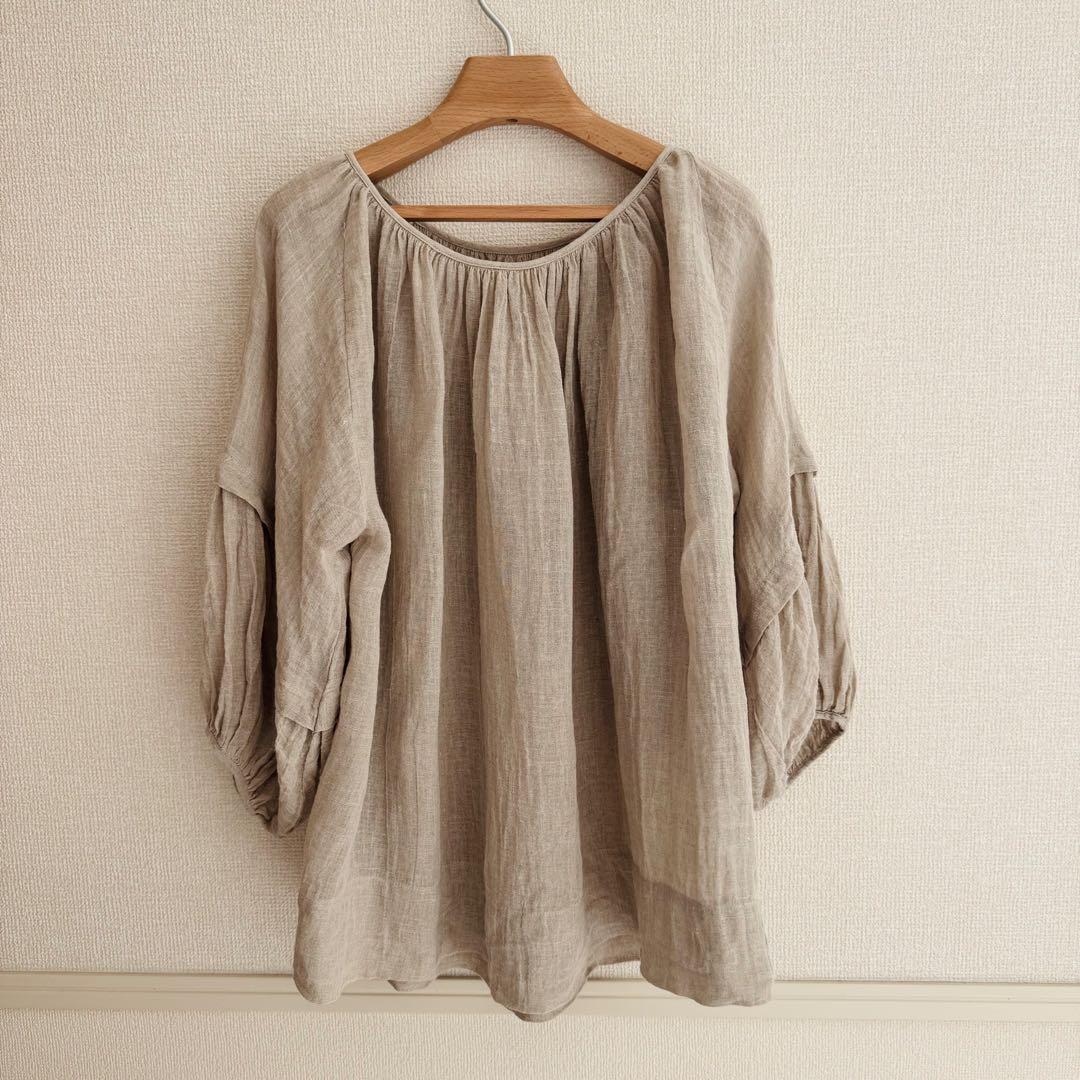 【美品】ハグオーワー リネン ガーゼ バルーン スリーブブラウス チュニック