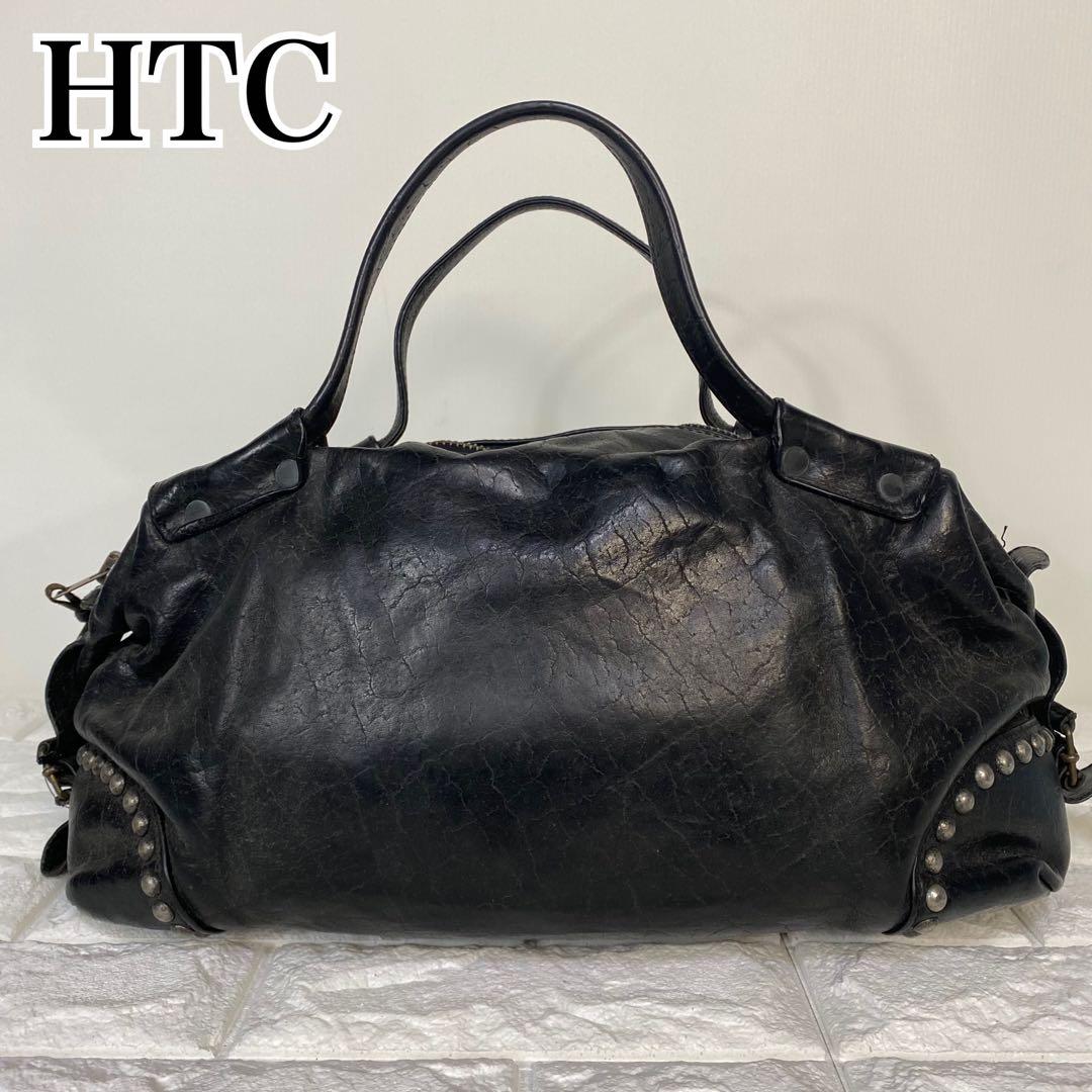 【希少】HTC ミニボストンバッグ　スタッズ　レザー　ブラック　本革