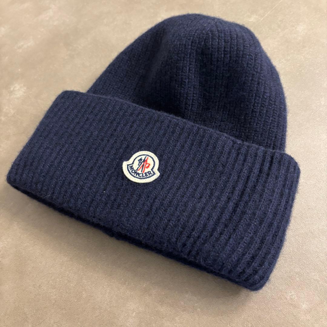 ★極美品★MONCLER ロゴワッペン ニットキャップ ダークネイビー 正規品