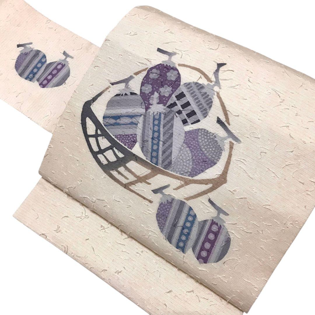 【名古屋帯】ひげ紬 作家物　実模様 カジュアル　白　ホワイト　アンティーク