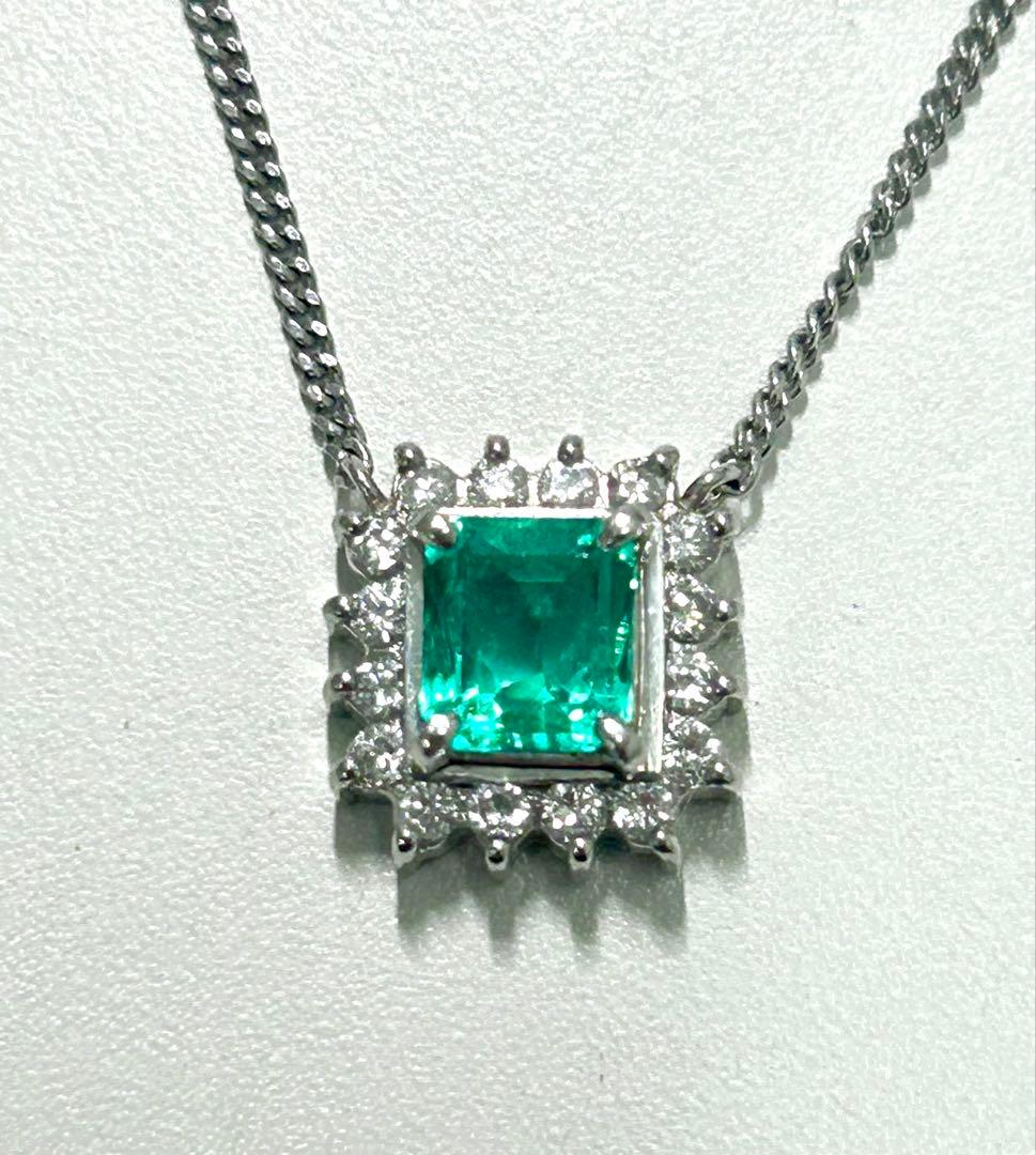 良品 エメラルド プラチナ ダイヤ ネックレス E1.04ct D0.27ct