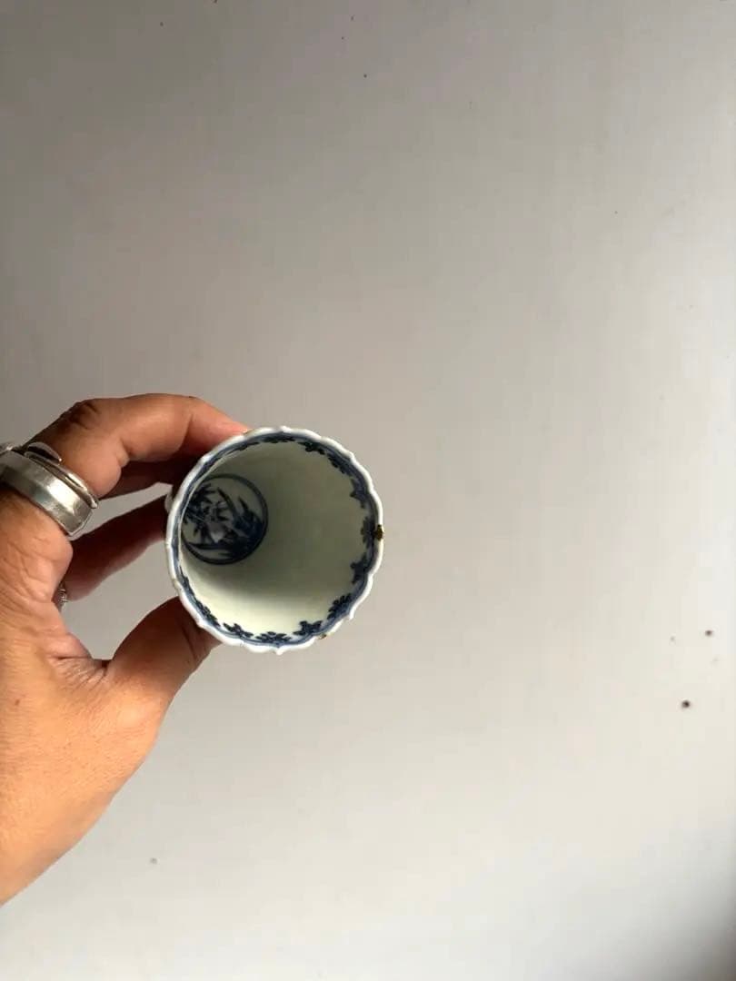 726 骨董 アンティーク 川本半助 真陶園半介 瀬戸染付輪花杯 2点組 金継ぎ