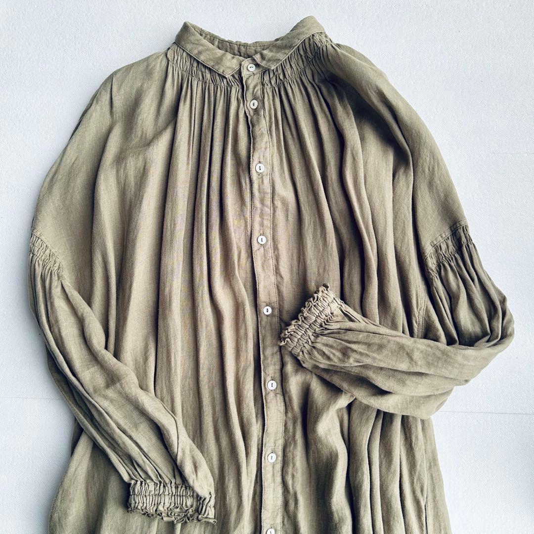 ネストローブ リネン製オリーブグリーンシャツワンピース長袖