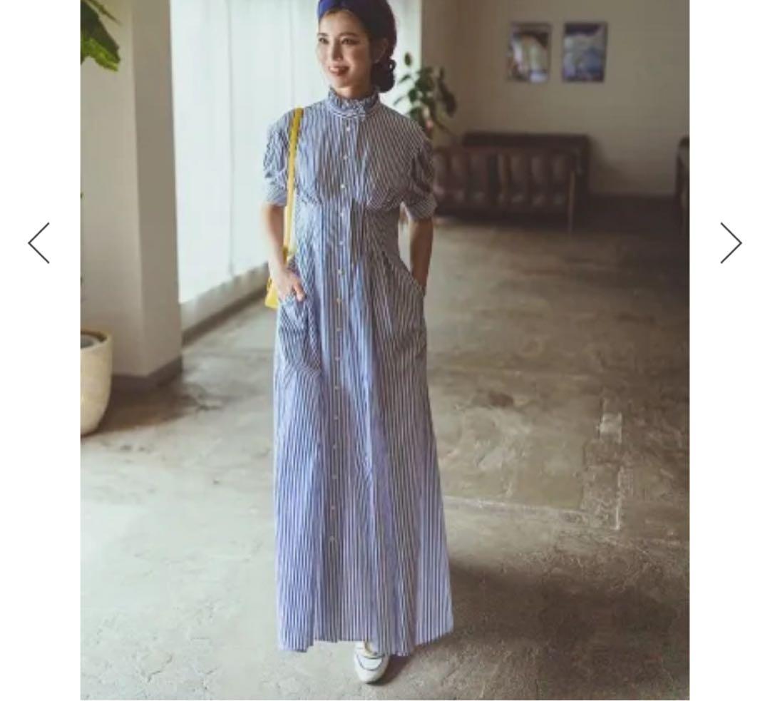 SEVENTEN スタンドカラーストライプワンピース S ネイビー セブンテン