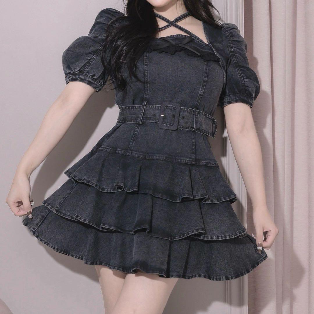 pium ティアードフリルミニワンピース ブラック デニム