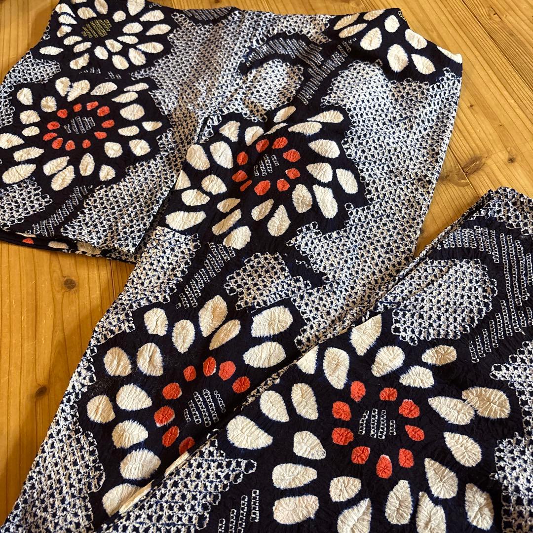 有松鳴海絞り浴衣 向日葵 ヒマワリ 身丈153 手縫い 藍染 絞り ヴィンテージ