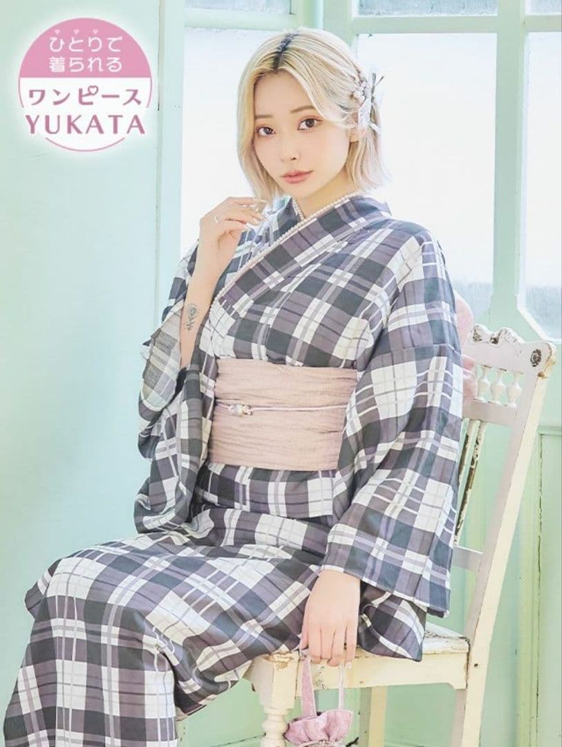 Tika 浴衣 モノトーンチェック レトロ 簡単 一人で着れる 3点セット