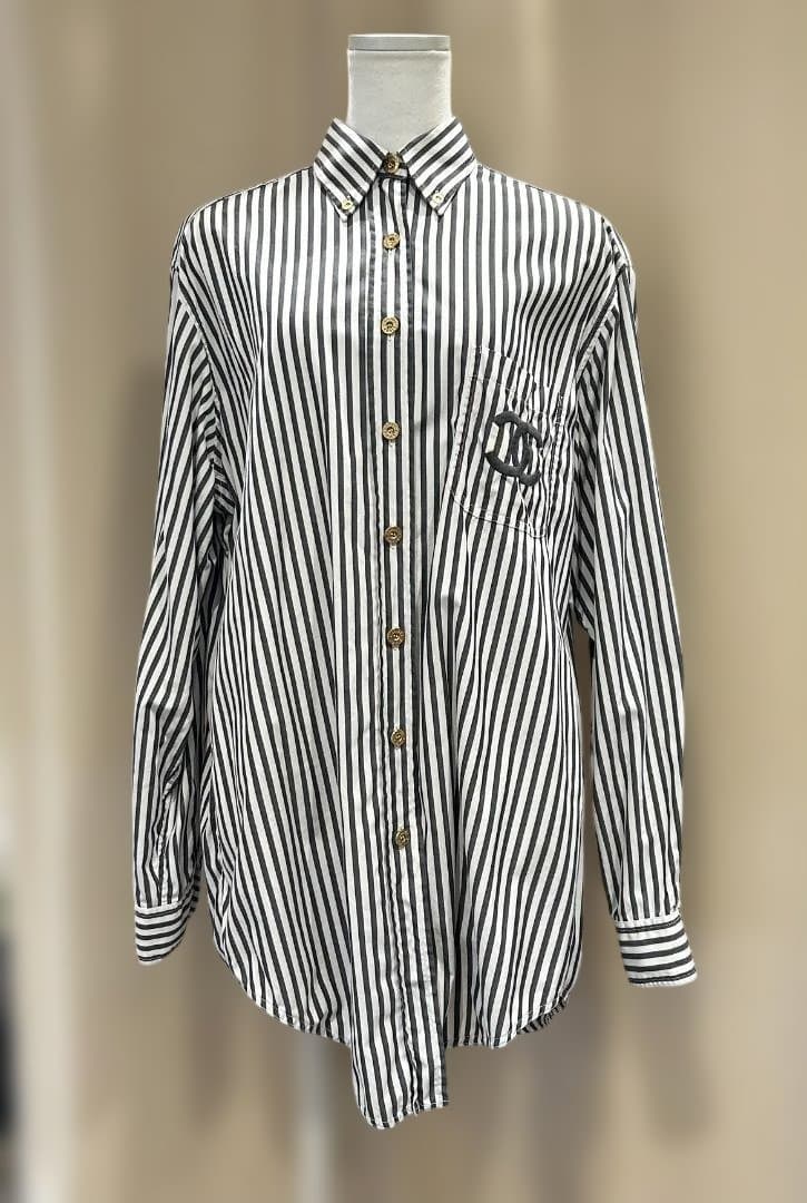 CHANEL　シャネル　ストライプ　長袖シャツ　38　コットン　ヴィンテージ