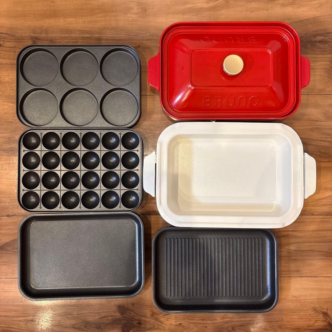 【美品】BRUNO 多機能ホットプレート レッド4種プレートと鍋付き