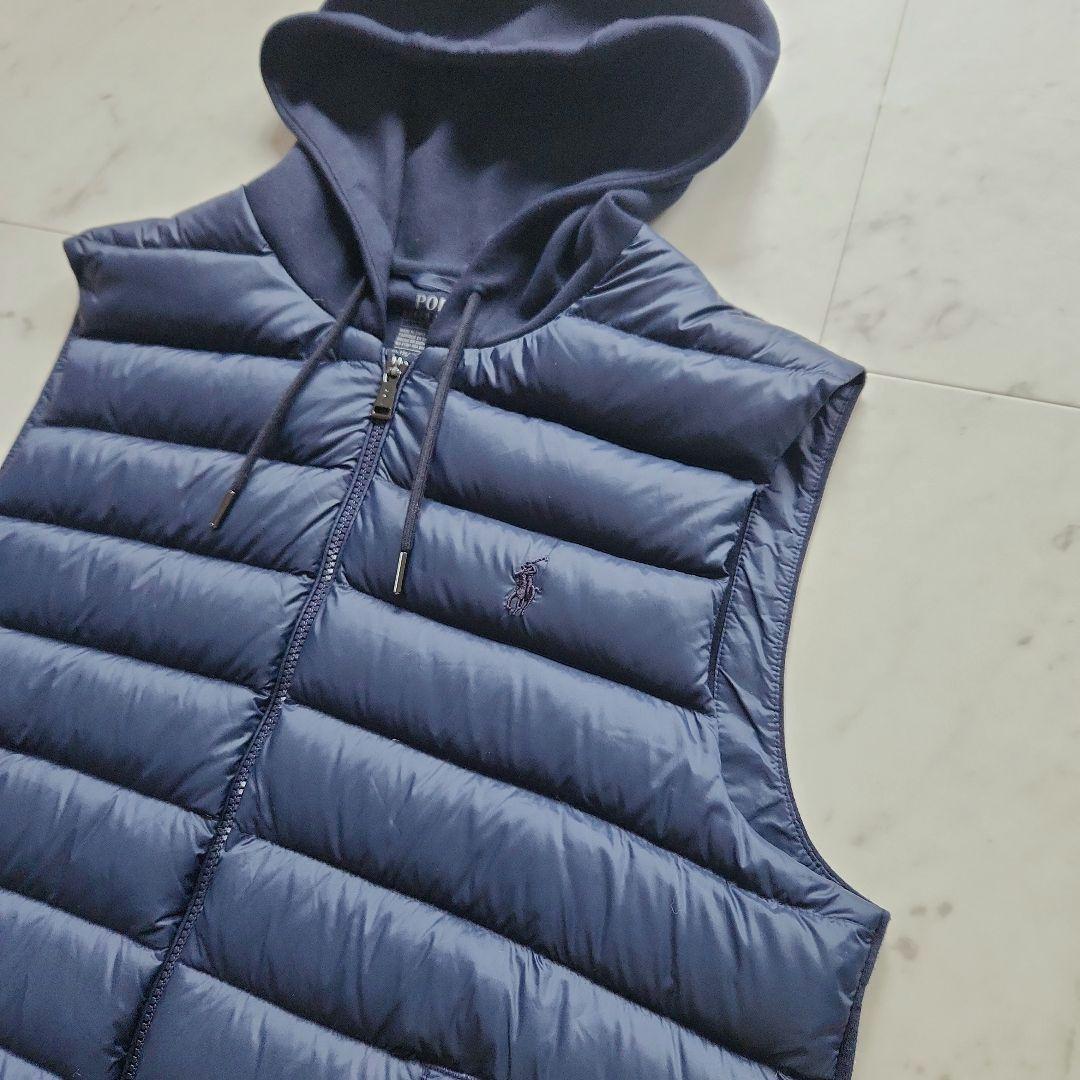 美品 ラルフローレン 切替 ポニー刺繍 ダウンベスト 紺 フード付き Mサイズ