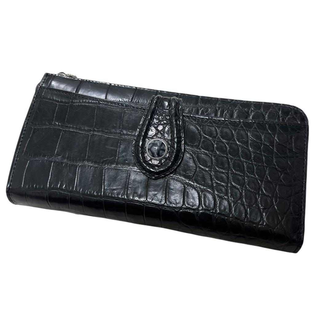 未使用品級 三宝 クロコダイル 長財布 ストーン付 ブラック L字ジップ 多収納