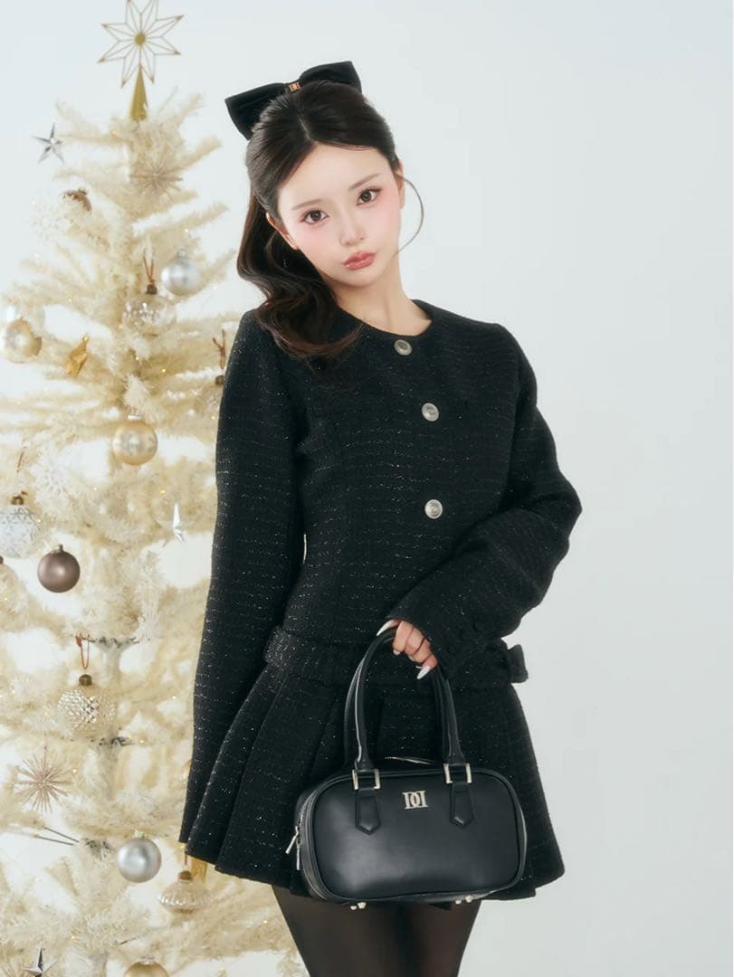 Darich ボックスプリーツツイードミニワンピース ブラック　FL