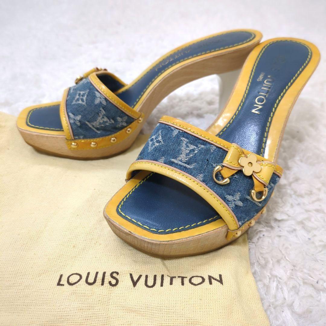ルイヴィトン　サンダル　ミュール　モノグラム　デニム　リボン　ヒール　正規品