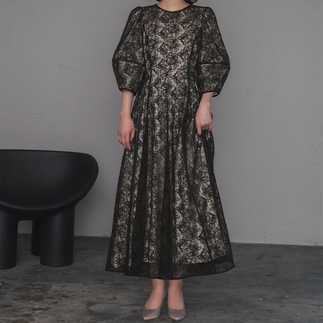 パフスリーブ総レースフレアロング結婚式ワンピース パーティードレスお呼ばれ二次会