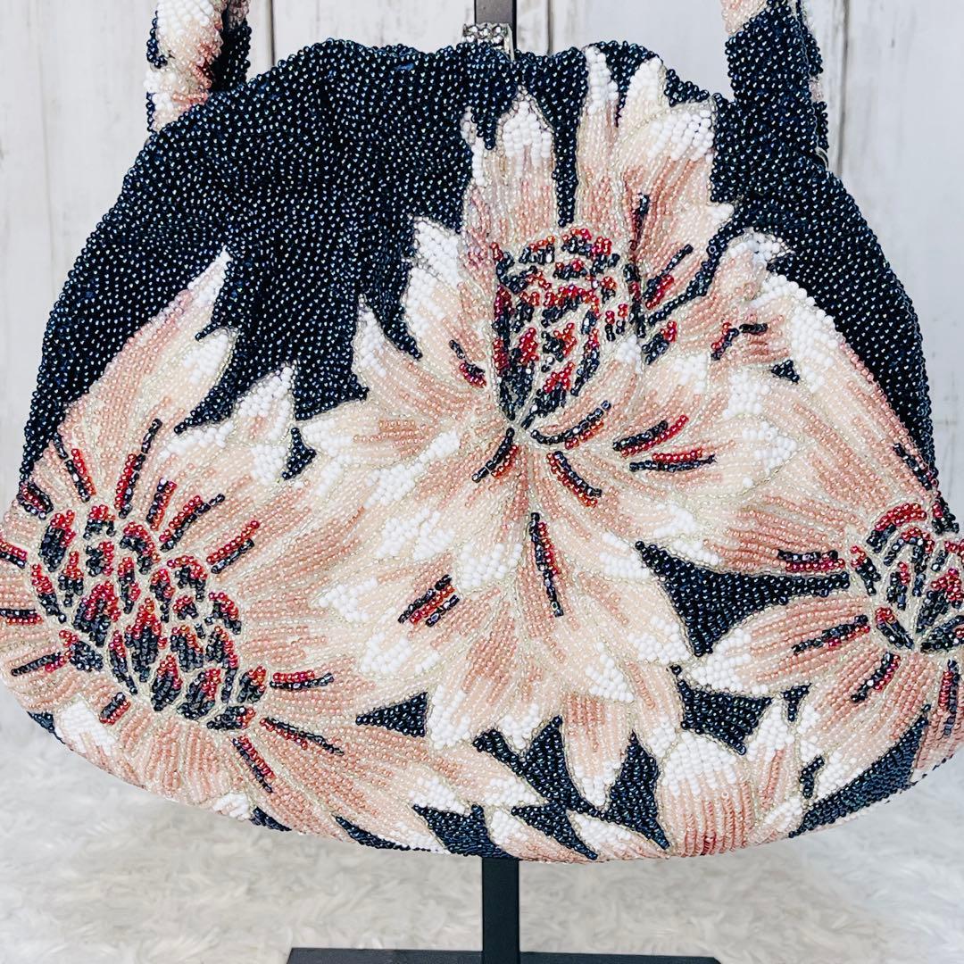 ビーズバッグ 花柄 フラワー ギャザー ハンドバッグ ヴィンテージ レトロ