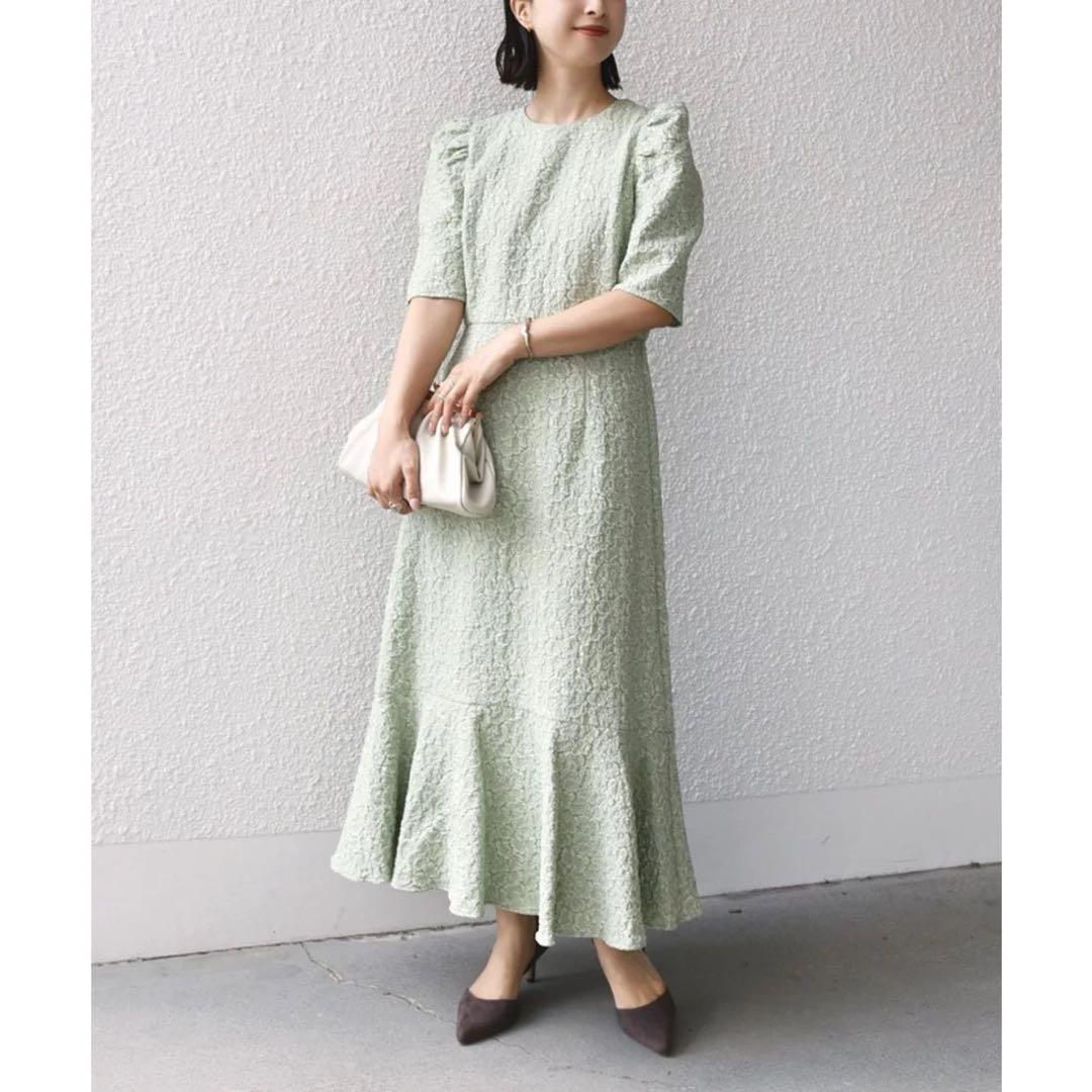 ギャザースリーブ　ジャカード　ロングワンピース(ライトグリーン)
