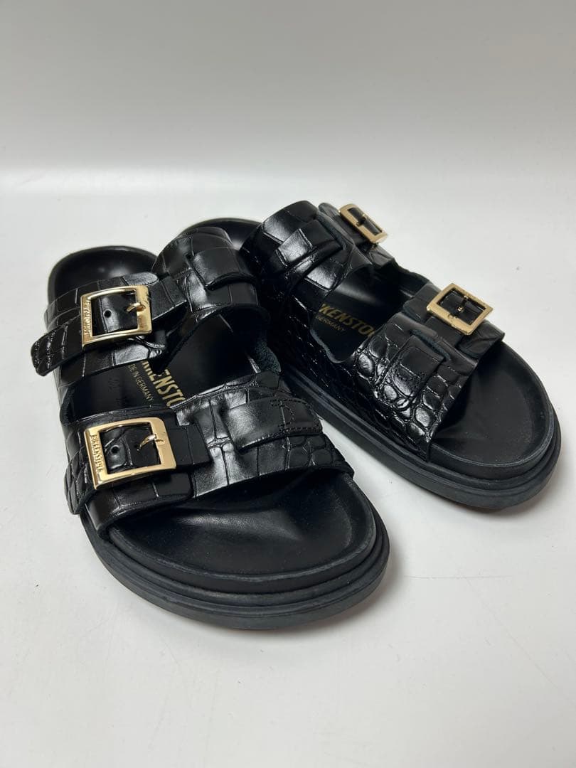 BIRKENSTOCK ブラック レザー　サンダル　クロコ型押し 24.5cm