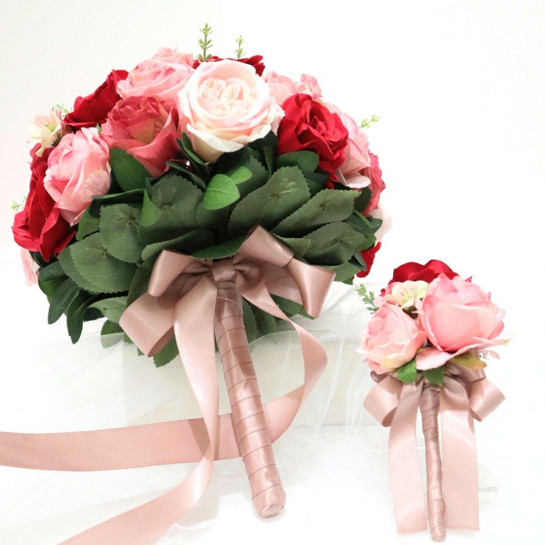 人気❁赤ピンクブーケ・ブートニア2点セット❁結婚式　前撮り