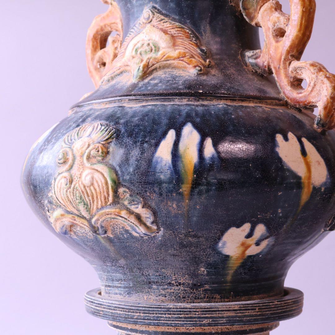 時代物 唐三彩藍釉壷 木箱付