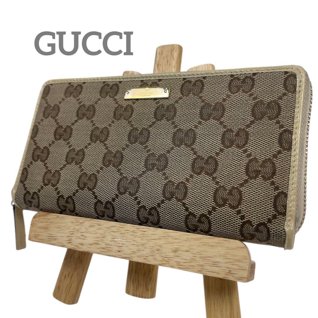 グッチ　極美品　総柄　ラウンドファスナー　キャンバス　GGロゴ　プレート　長財布