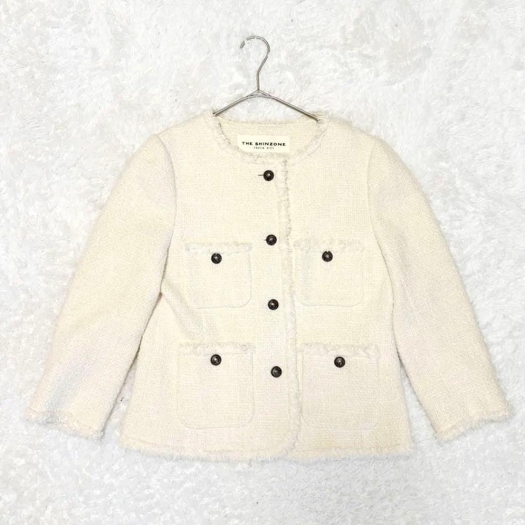 シンゾーン　ツイード　ジャケット　ノーカラー　ホワイト　シルク　入学式