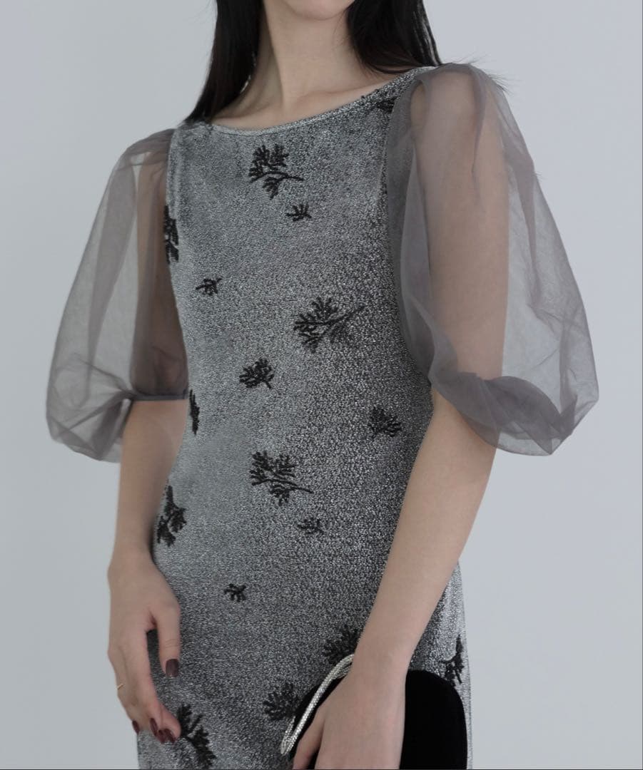 【Leja】　シアーパフスリーブグリッターIラインドレスワンピース タグ付