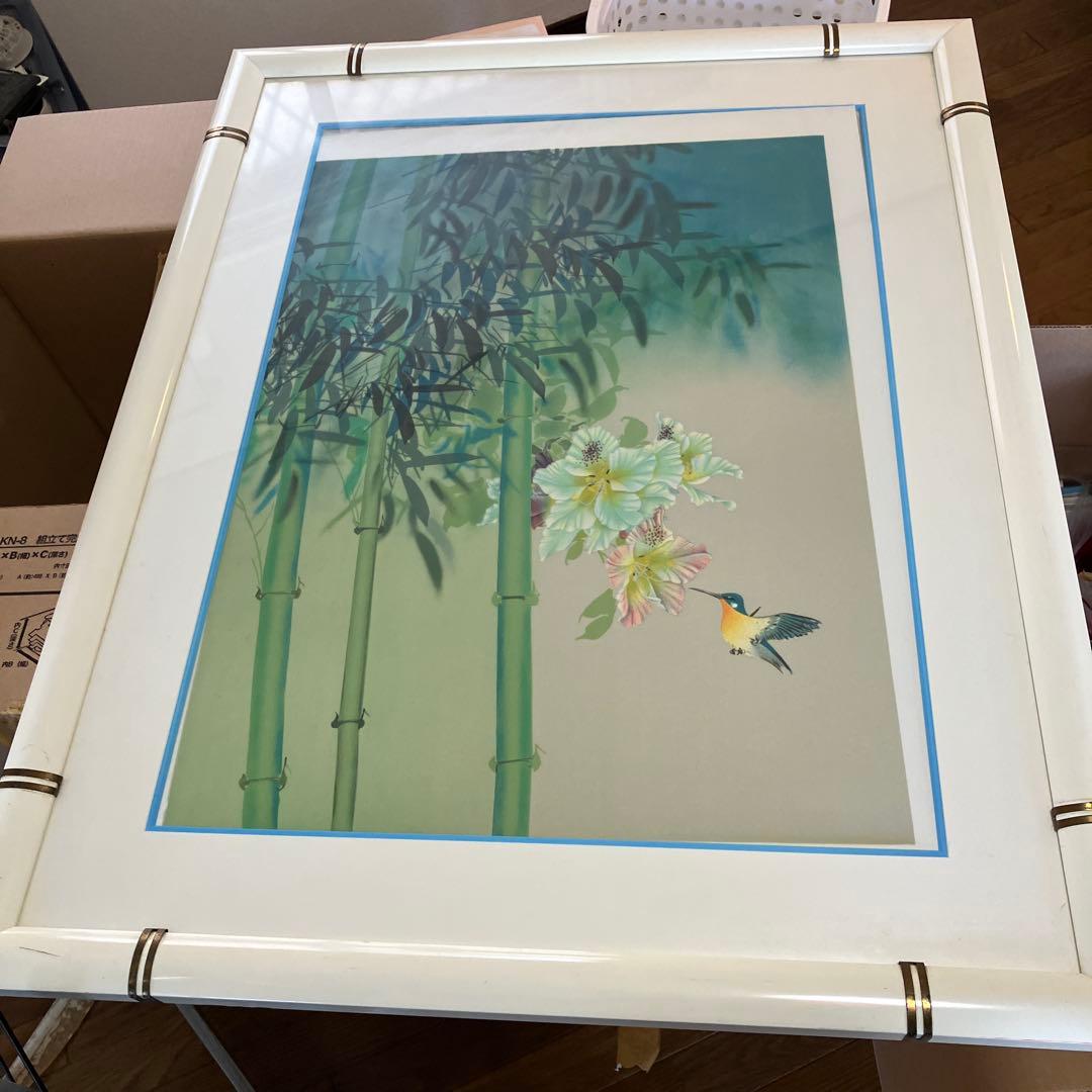 竹と花の版画 大きめのアート作品 デビット　リー　楽園