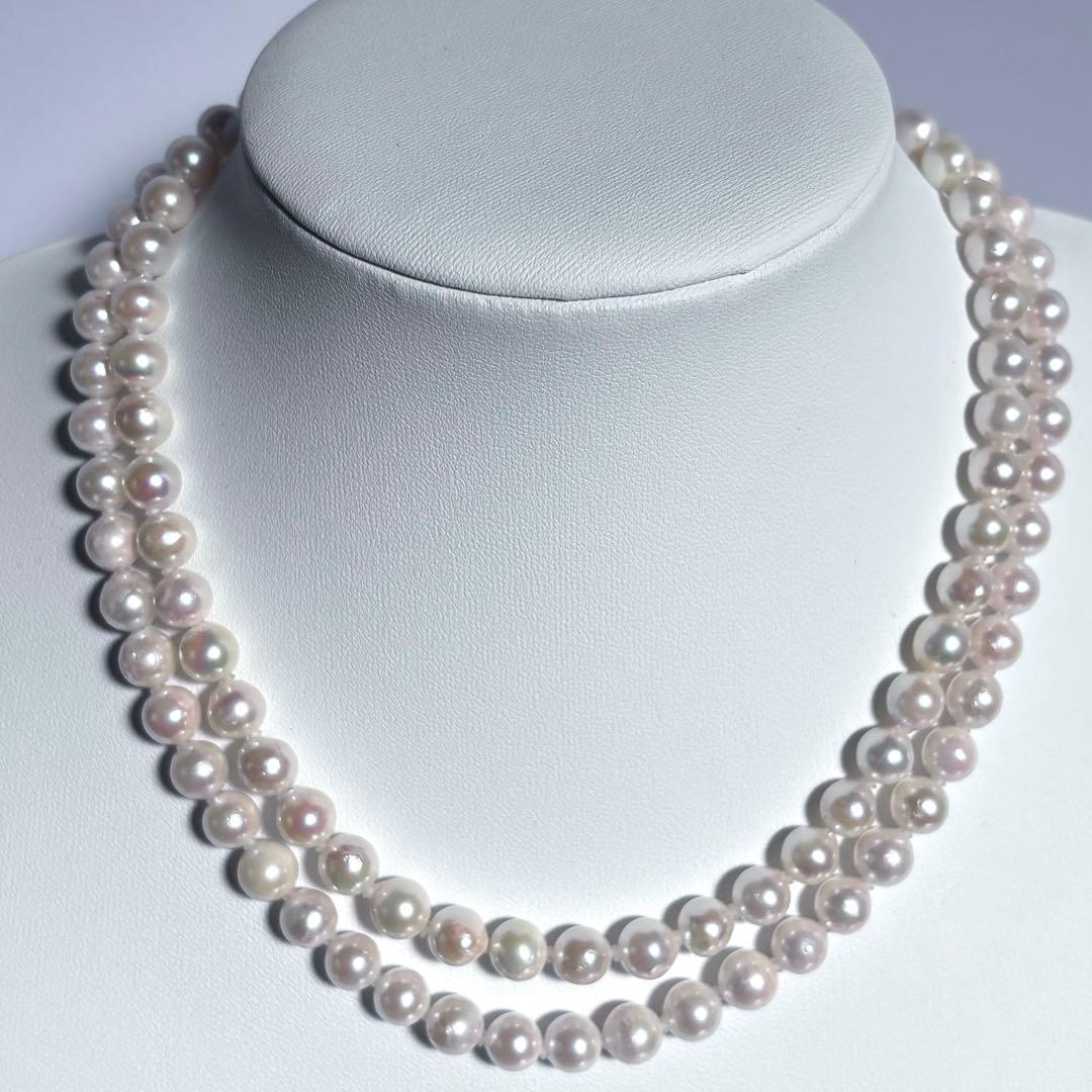 干渉色◎7mmあこや本真珠 2連80cmロングパールネックレス オールノット仕上