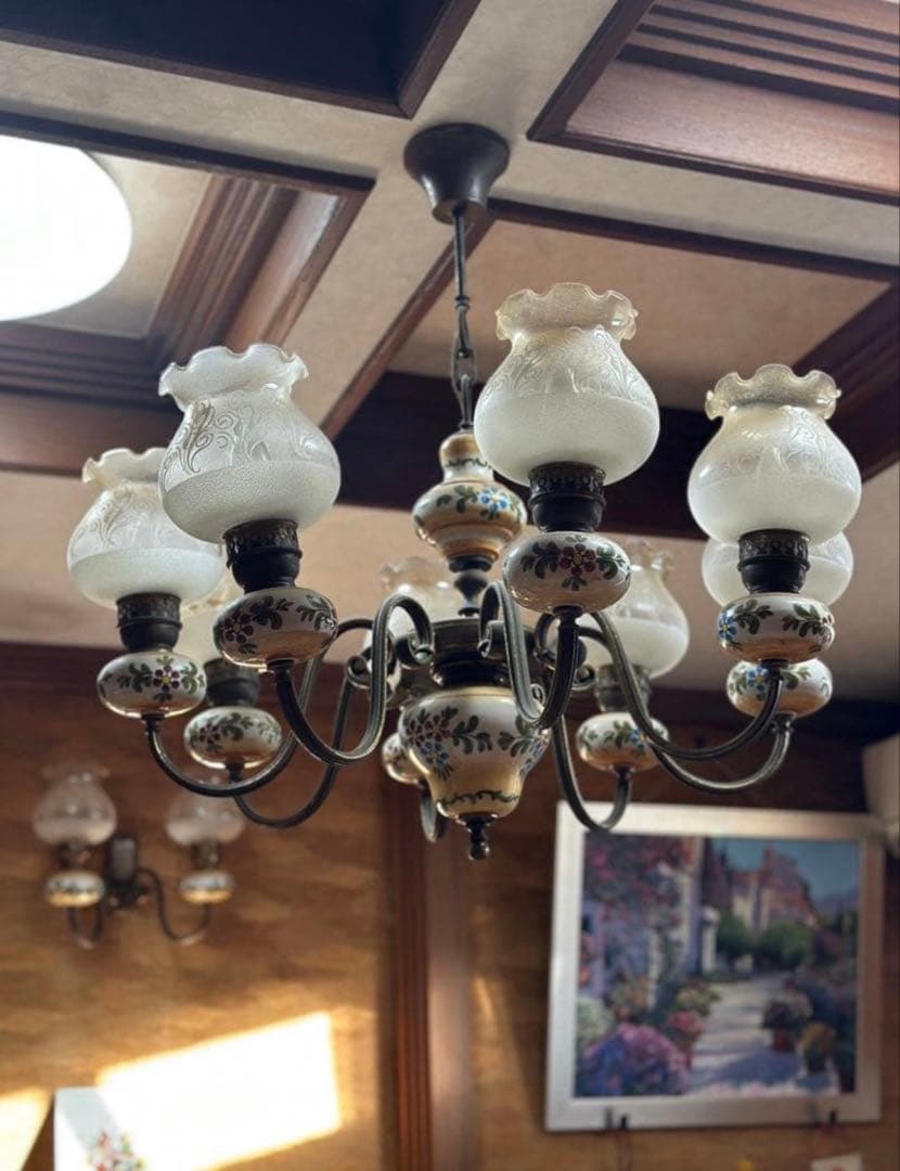 フラワーパターン シャンデリアと壁付けライトセット