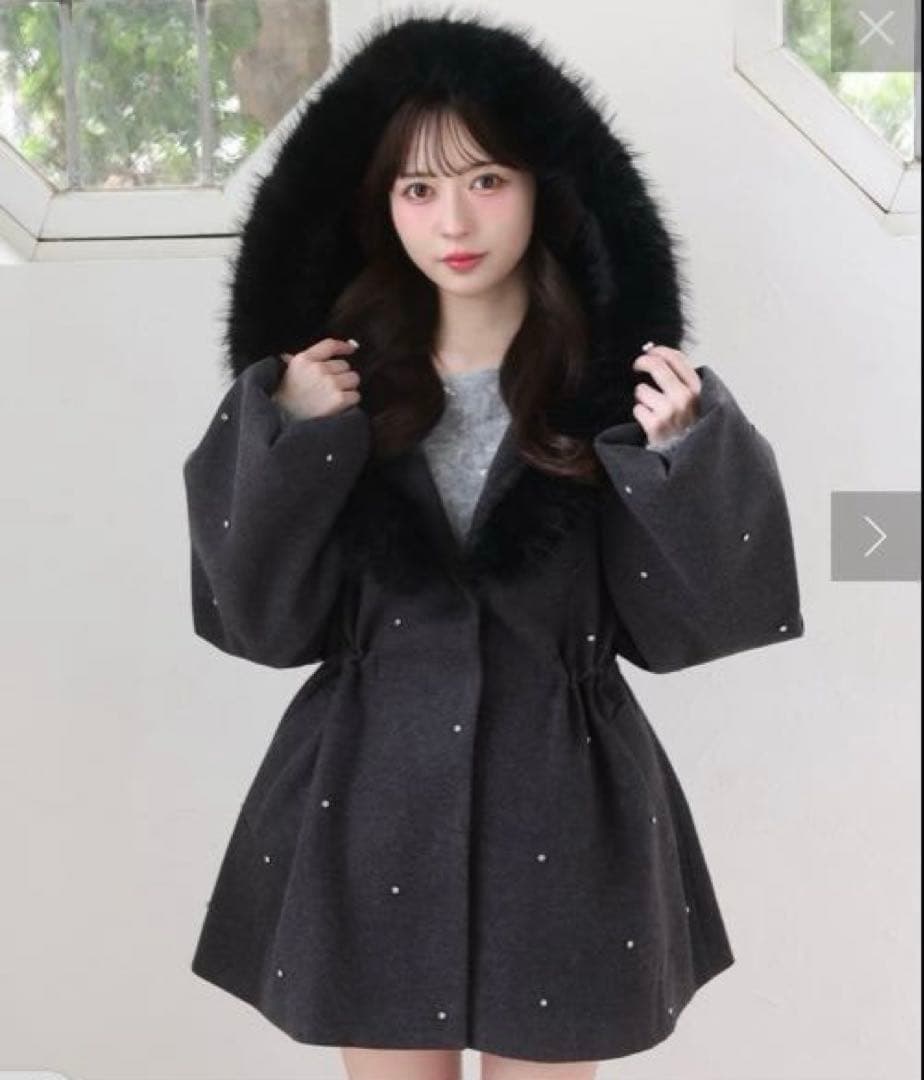 新品 フードフェイクファービジューミドルコート nice clupナイスクラップ