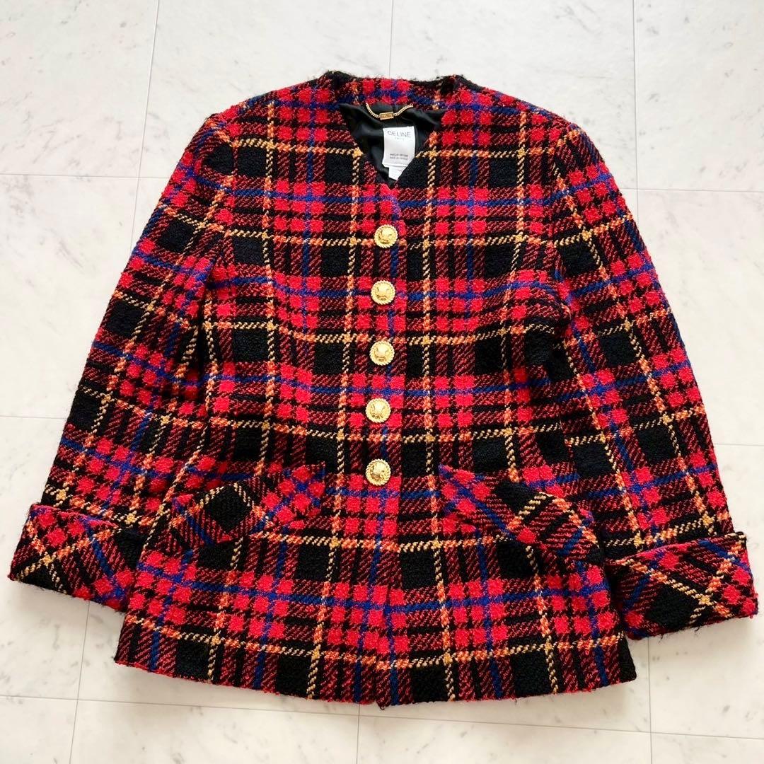 CELINE ヴィンテージ ツイードチェック トリオンフ金ボタンジャケット